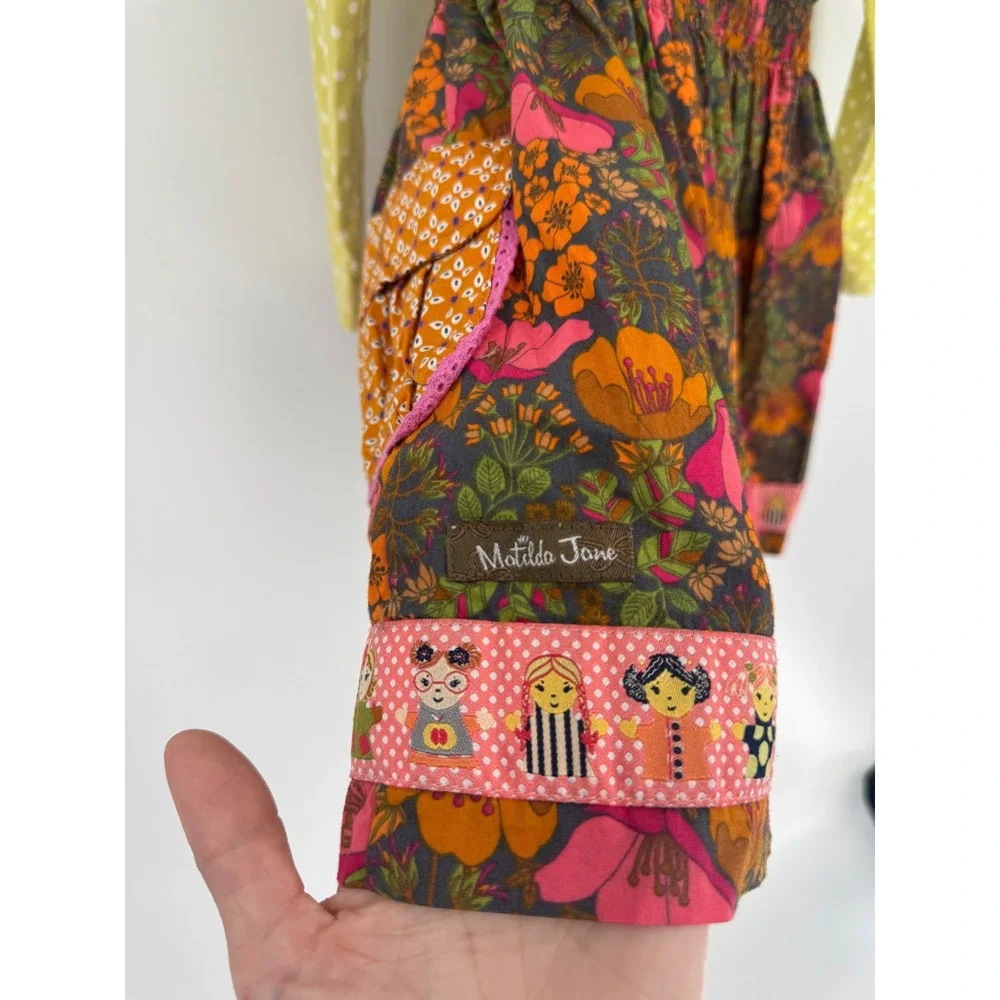 Matilda Jane Dress Girls Size 4 Green Floral Polka Dot Long Sleeve Mixed Print - Picture 7 of 7
